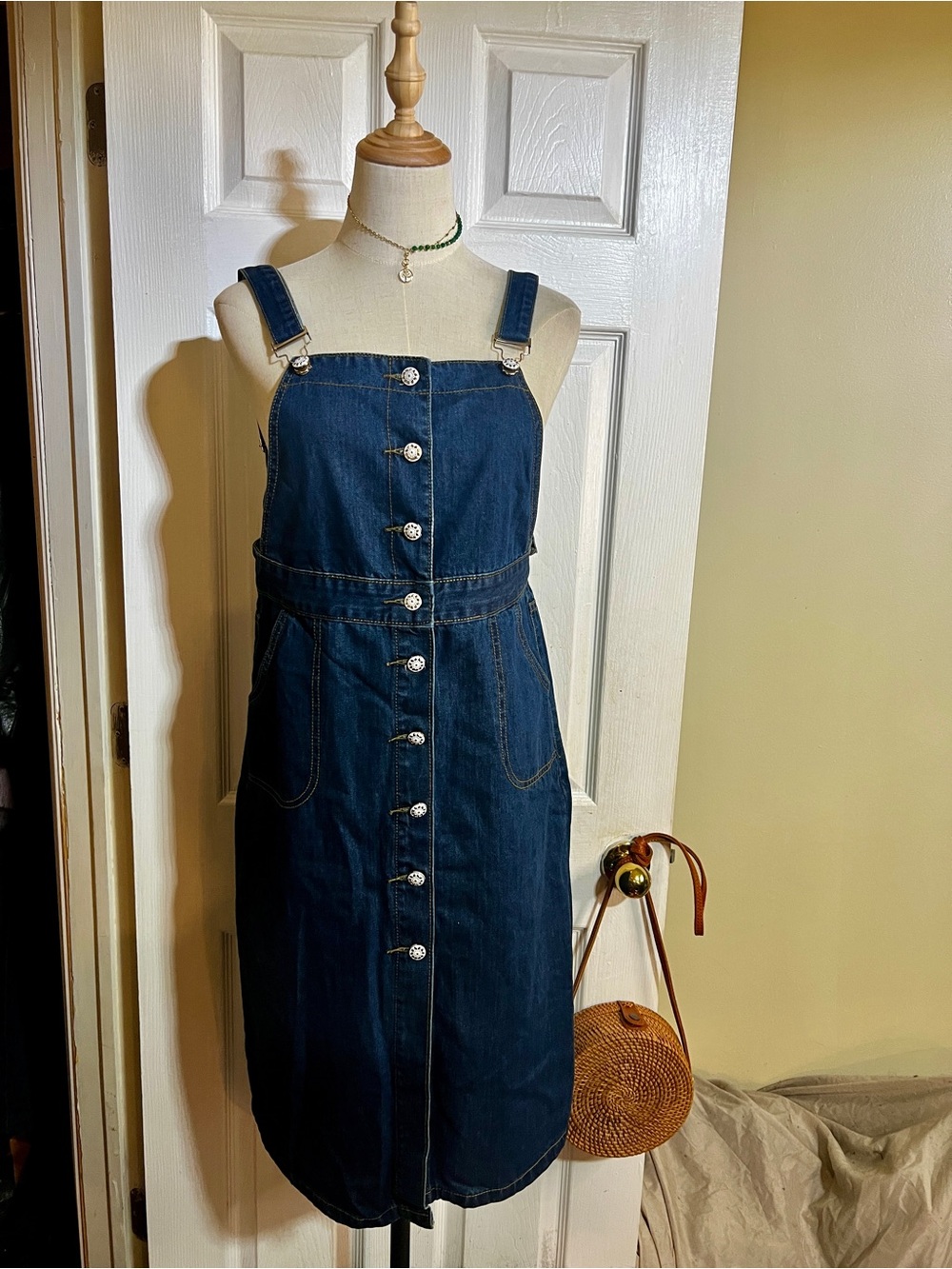 Jeans Wms Dark Denim Blue Overall Pinafore Casual Preppy Apron Jumper Dress 31